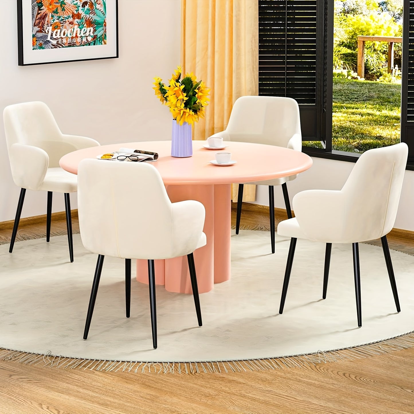Set van 2 Nordic Vintage Eetkamerstoelen – Gestoffeerde Stoelen met Armleuningen in Velvet – Lichtbeige, Voor Keuken, Woonkamer, Thuis of Restaurant