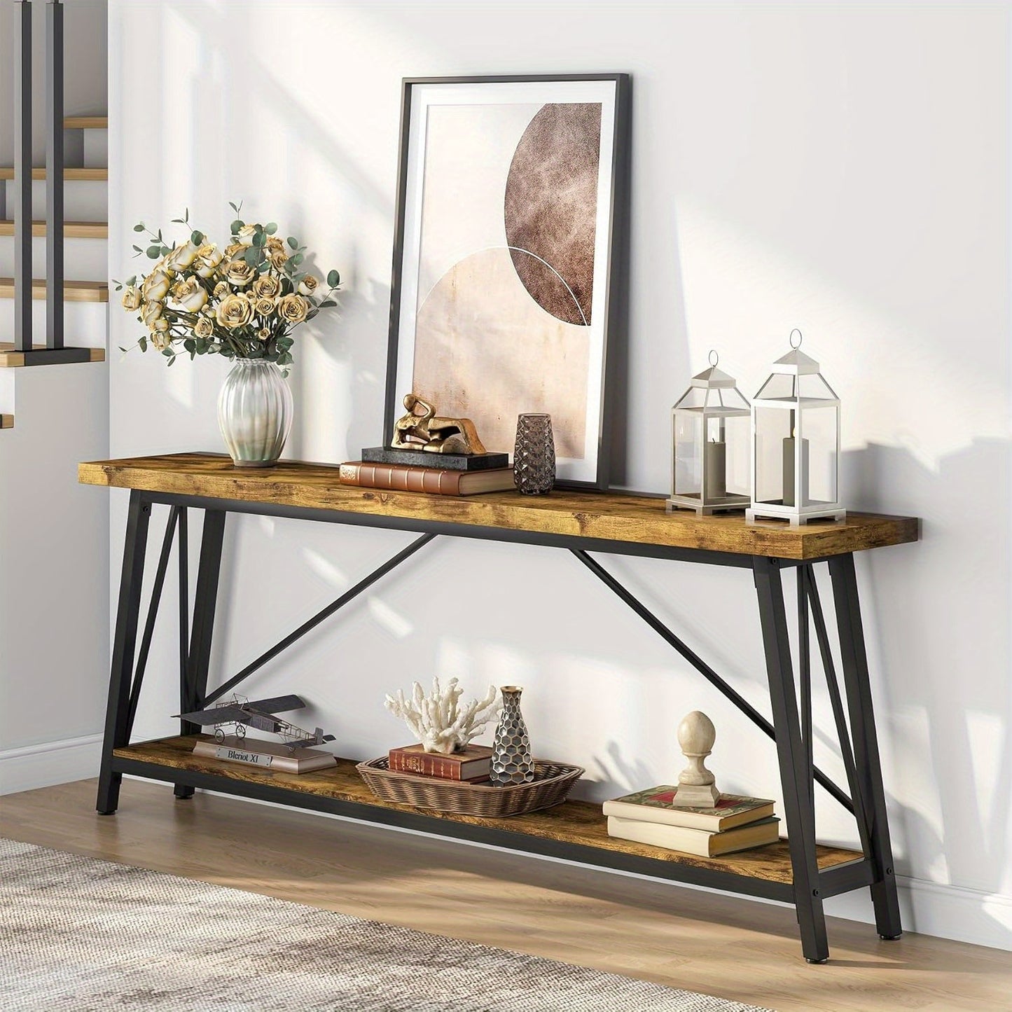 Sofa Tafel – Bijzettafel – Sidetable – Console Tafel – Haltafel – Extra Lang 180 cm – Industrieel Rustiek Bruin – Metalen Frame & Houten Blad – Ruimtebesparend Ontwerp