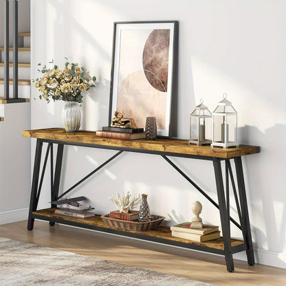 Sofa Tafel – Bijzettafel – Sidetable – Console Tafel – Haltafel – Extra Lang 180 cm – Industrieel Rustiek Bruin – Metalen Frame & Houten Blad – Ruimtebesparend Ontwerp