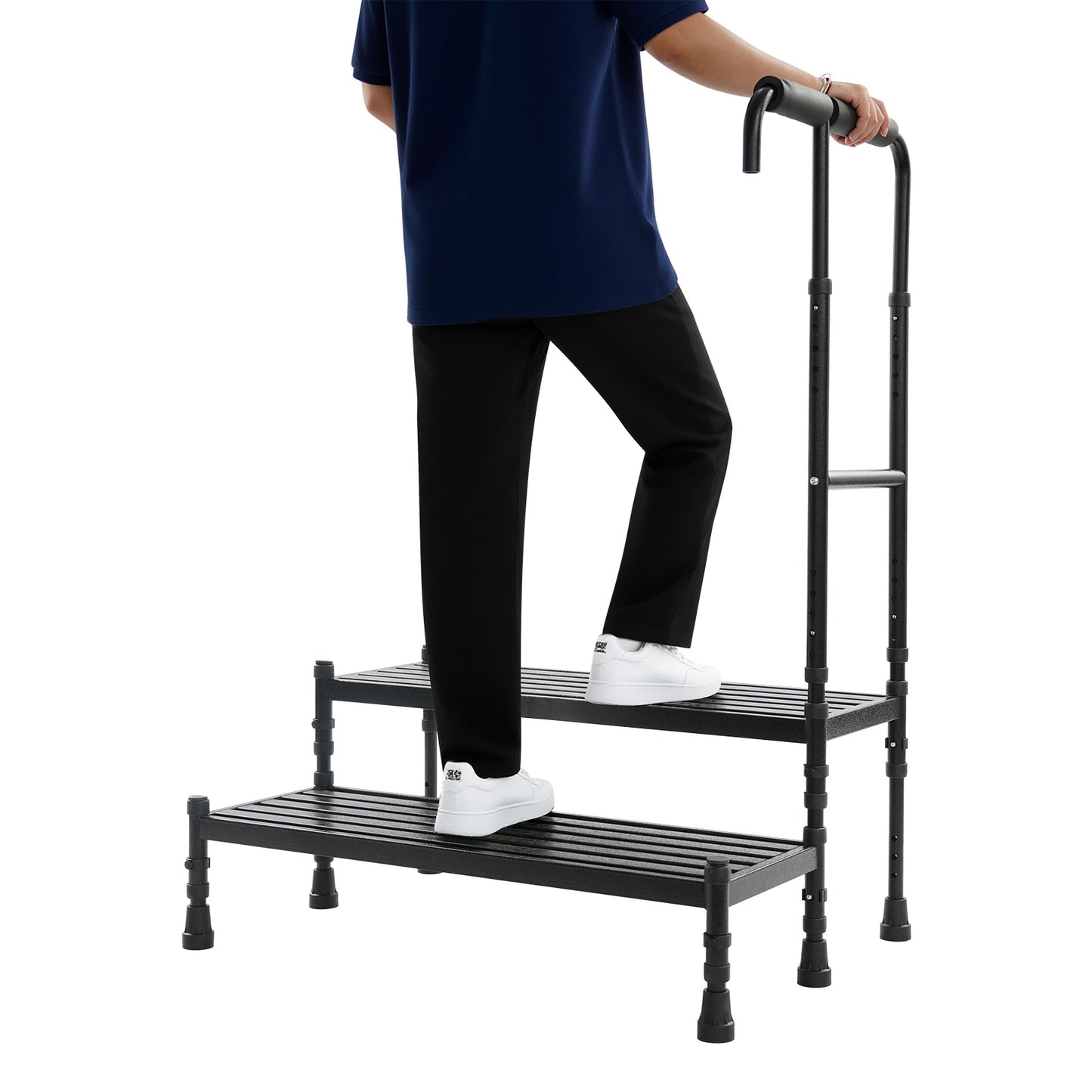 Heavy-Duty Step Stool with Handle & Adjustable Handrail - 2-Step Ramp Suitable for, Seniors, Mobility Aid - Sturdy Metal Stepping Stool with Wide Steps & Rubber Feet for Bed, Car, Use