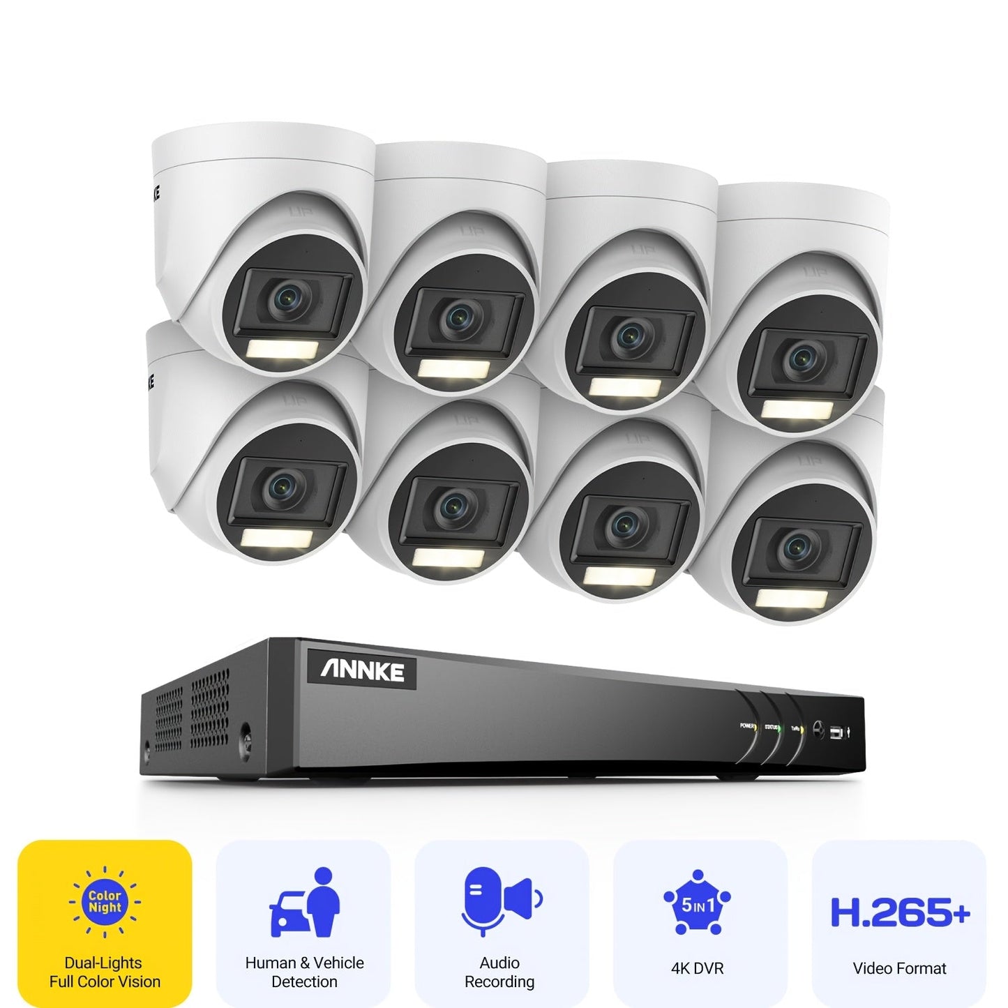 beveiligingscamera – bewakingscamera – beveiligingssysteem – cameraset – 8-kanaals 4K AI DVR – mens- en voertuigdetectie met slimme dual-light nachtzicht