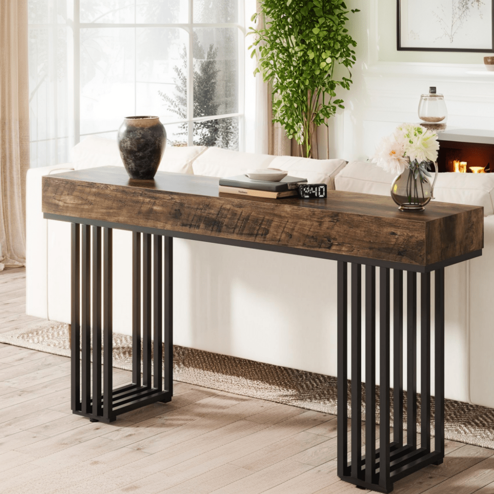 Industrieel Sidetable – Console Tafel – Sofa Tafel – Halmeubel – Smalle Tafel – Metaal Frame – Houtlook Blad – 113,4 KG Draagkracht – Eenvoudige Montage – Bruin