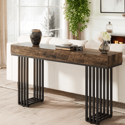 Industrieel Sidetable – Console Tafel – Sofa Tafel – Halmeubel – Smalle Tafel – Metaal Frame – Houtlook Blad – 113,4 KG Draagkracht – Eenvoudige Montage – Bruin