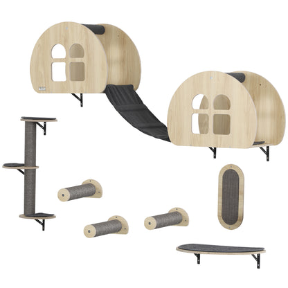 Katten Klimwand – Klimmuur – Kattenhuis – Krabpaal – Klimrek – 7-delig Compleet Set – Sisal Kraboppervlak – Ruimtebesparend Wandmontage