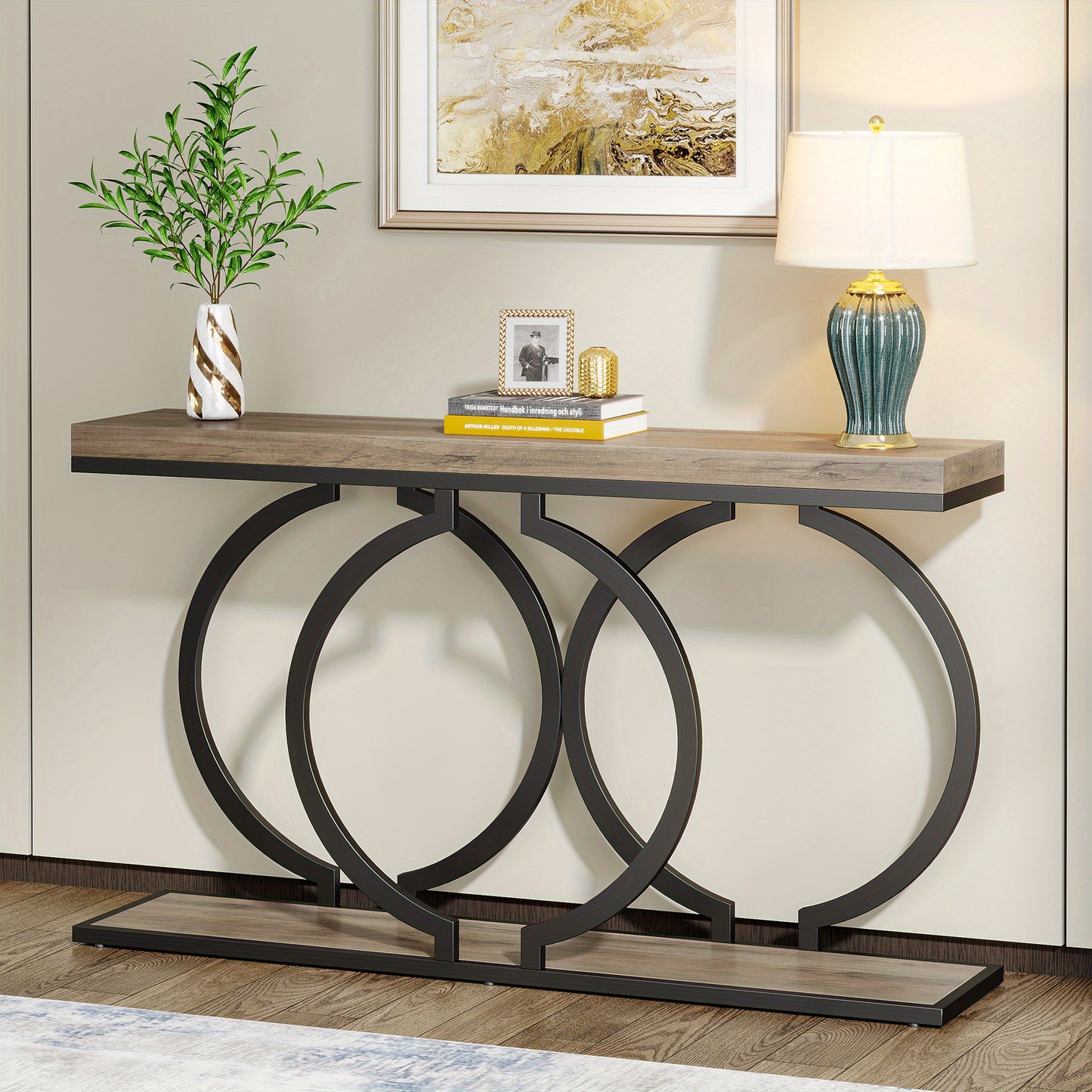 139.7 cm Rustic Industrial Console Table - Engineered Wood & Geometric Metal Frame, Oak Grey Finish, Sturdy 99.79KG Capacity, Easy Assembly for Entryway, Living Room, Hallway, Console Table Decor for Entryway, Hallway Storage