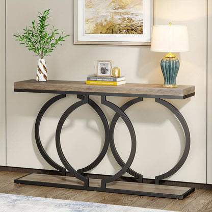 139.7 cm Rustic Industrial Console Table - Engineered Wood & Geometric Metal Frame, Oak Grey Finish, Sturdy 99.79KG Capacity, Easy Assembly for Entryway, Living Room, Hallway, Console Table Decor for Entryway, Hallway Storage