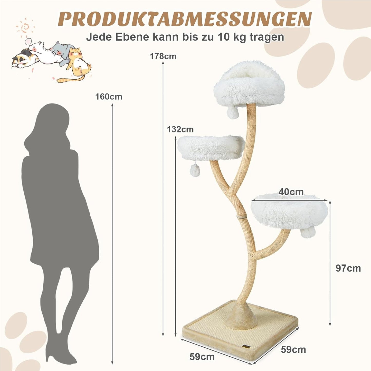 Krabpaal – Kattenboom – Kattenhuis – Krabton – Kattentoren – Met Stabiel Metaalframe – 178 cm Hoog Met Sisal Krabpalen