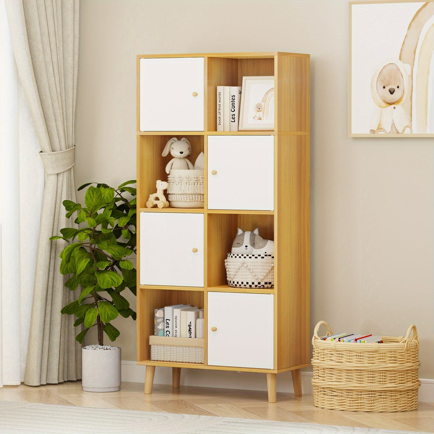 Boekenkast – Boekenrek – Opbergkast – Vakkenkast – Kast – Hout – 4 Deuren – 8 Vakjes – 64,5x30x140,5 cm – Vrijstaand Met Houten Poten