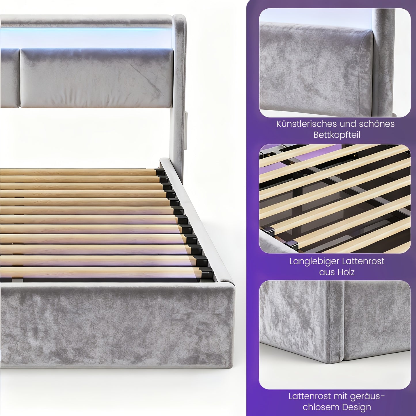 Liftbed – Opbergbed – Hydraulisch Bed – Bedframe Met Opbergruimte – Slaapbed 140x200 cm – Hydraulische Lift – RGB LED Hoofdbord