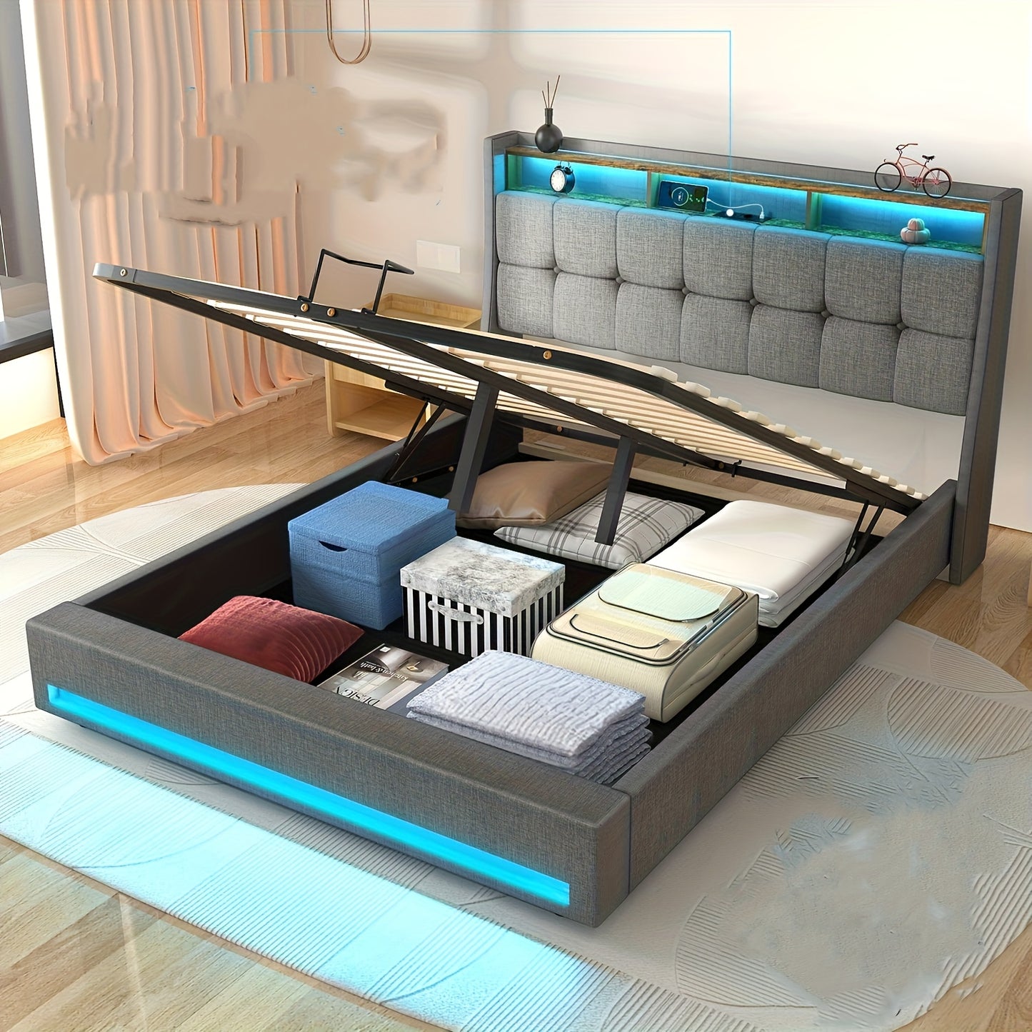 Bed – Eenpersoonsbed – Slaapbed – Linnen Bed – Opbergbed – 90x200 cm – Met Gasdrukveer – Houten Lattenbodem