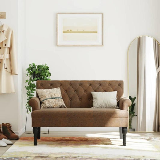 Bank Met Rugleuning – Zitbank – Bankje – Opbergbank – Houten Bank – Bruin Faux Suède Leer – Comfortabele Rugleuning – Stevig Houten Frame