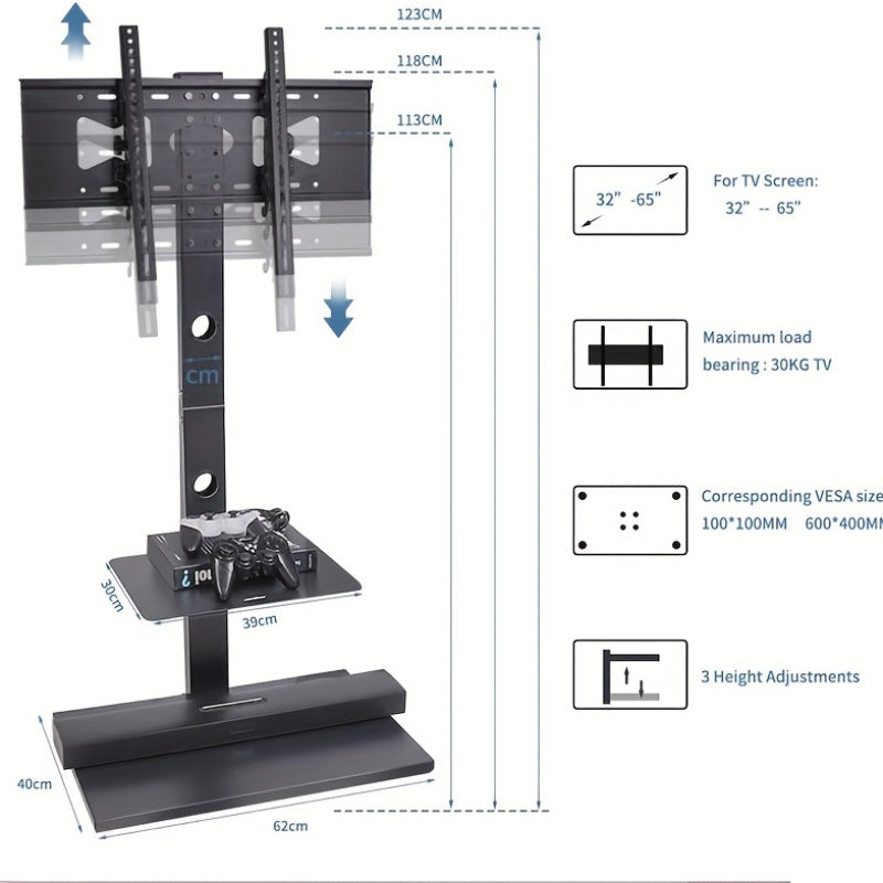 TV Standaard Vloer – TV Statief – TV Vloerstandaard – Vloer TV Beugel – Draagbaar TV Rek – Verstelbaar 32-65 Inch – Metaal – VESA 600x400mm – 30kg Belasting – Kabelmanagement