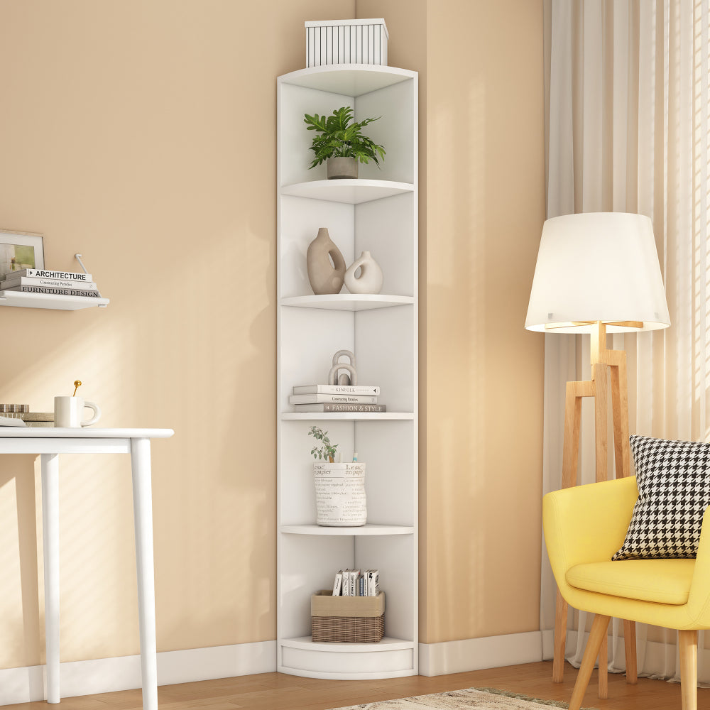 Heavy-Duty 5-Tier Bookshelf - Space-Saving Corner Shelf Organizer, No Assembly Needed, Sturdy Metal Construction for Home Office, Living Room, Study - Modern White Storage Shelf, Office Organization, Contemporary Furniture, H