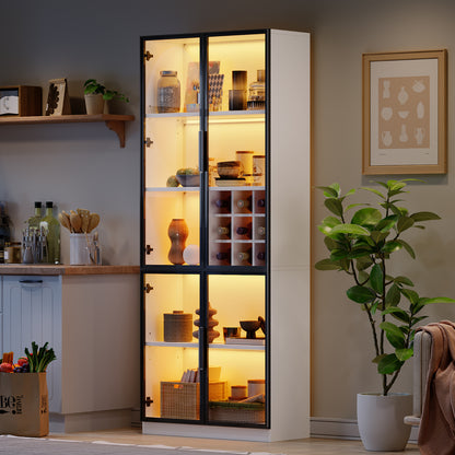 Modern Tall White Display & Storage Cabinet with 2 Glass Shelves & 2 Drawers - Sofa/Buffet/Living Room Cabinet, Space-Saving Furniture for Small Apartments, Durable Metal Frame, Contemporary Design