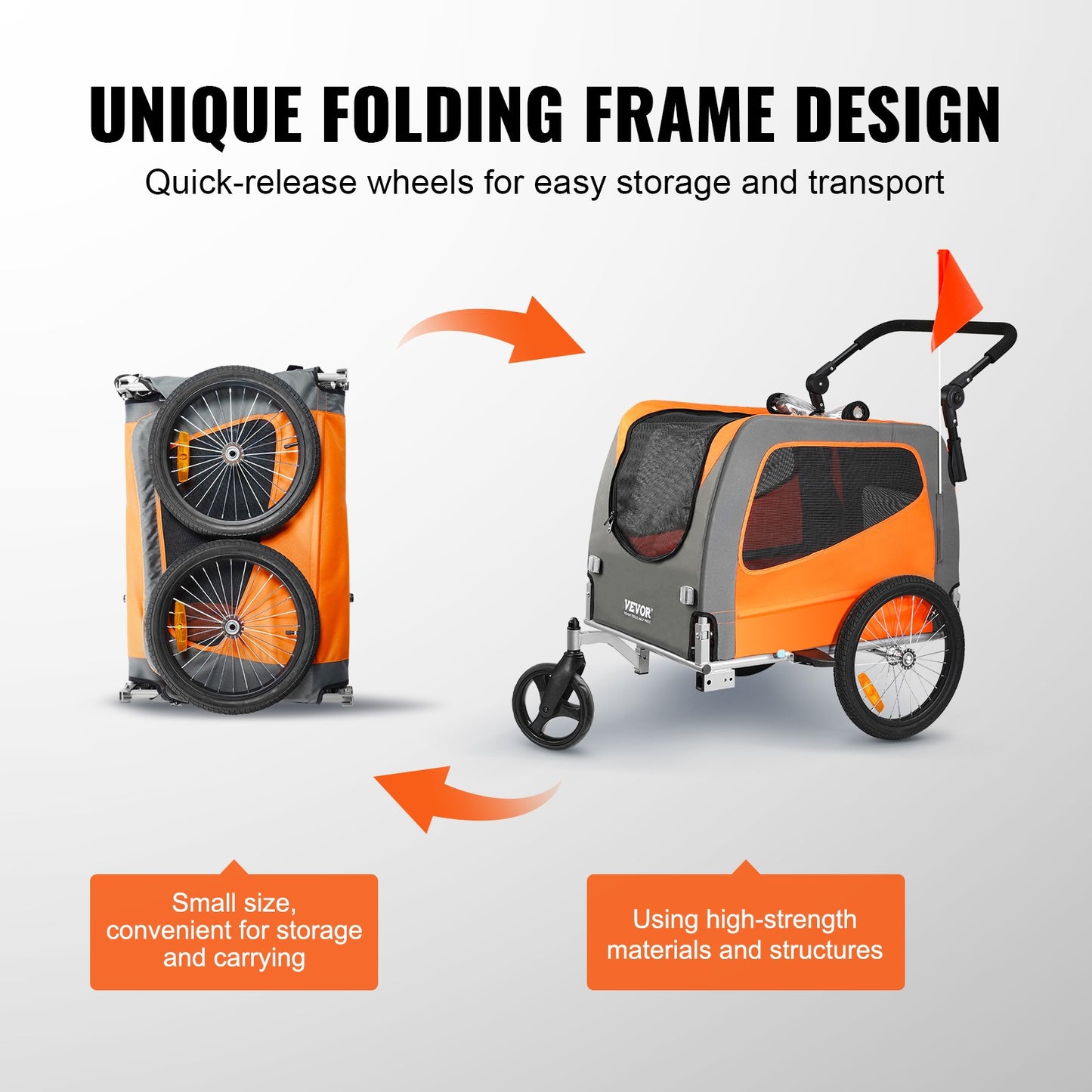 fietskar hond – hondenfietskar – hondenaanhanger – hondenbuggy – hondenkar – Opvouwbaar Frame – Draagvermogen 30 kg – Universele Koppeling – Reflectoren – Oranje/Grijs