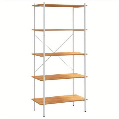 Opbergrek 5-Tier White and Oak Storage Rack, 80x40x163cm - Freestanding, Layered Shelving for Home and Commercial Use, Sturdy Wooden Construction, Ideal for Books, Plants, Decor, Standing Shelf