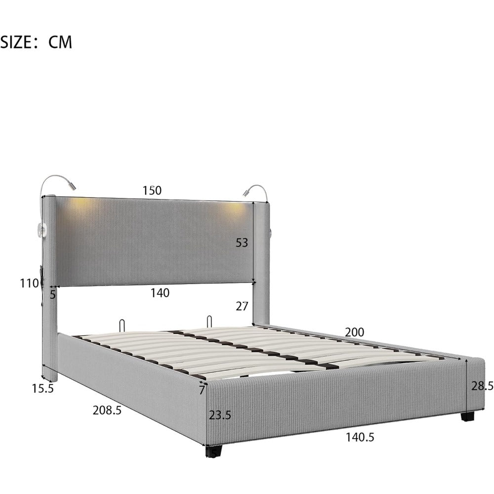Opbergbed – Opbergbedden – Bed met Opbergruimte – Gestoffeerd Bed – Tweepersoonsbed – Hydraulisch Gasveer Mechanisme – LED-Verlichting en USB Oplaadfunctie – Fluwelen Bekleding en Metalen Frame