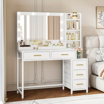 Kaptafel – Make-up Tafel – Dressing Table – Vanity Table – Toilet Tafel – Wit – Grote Spiegel – 5 Lades & 5 Open Vakken – Compact & Functioneel – 40x110x141 cm