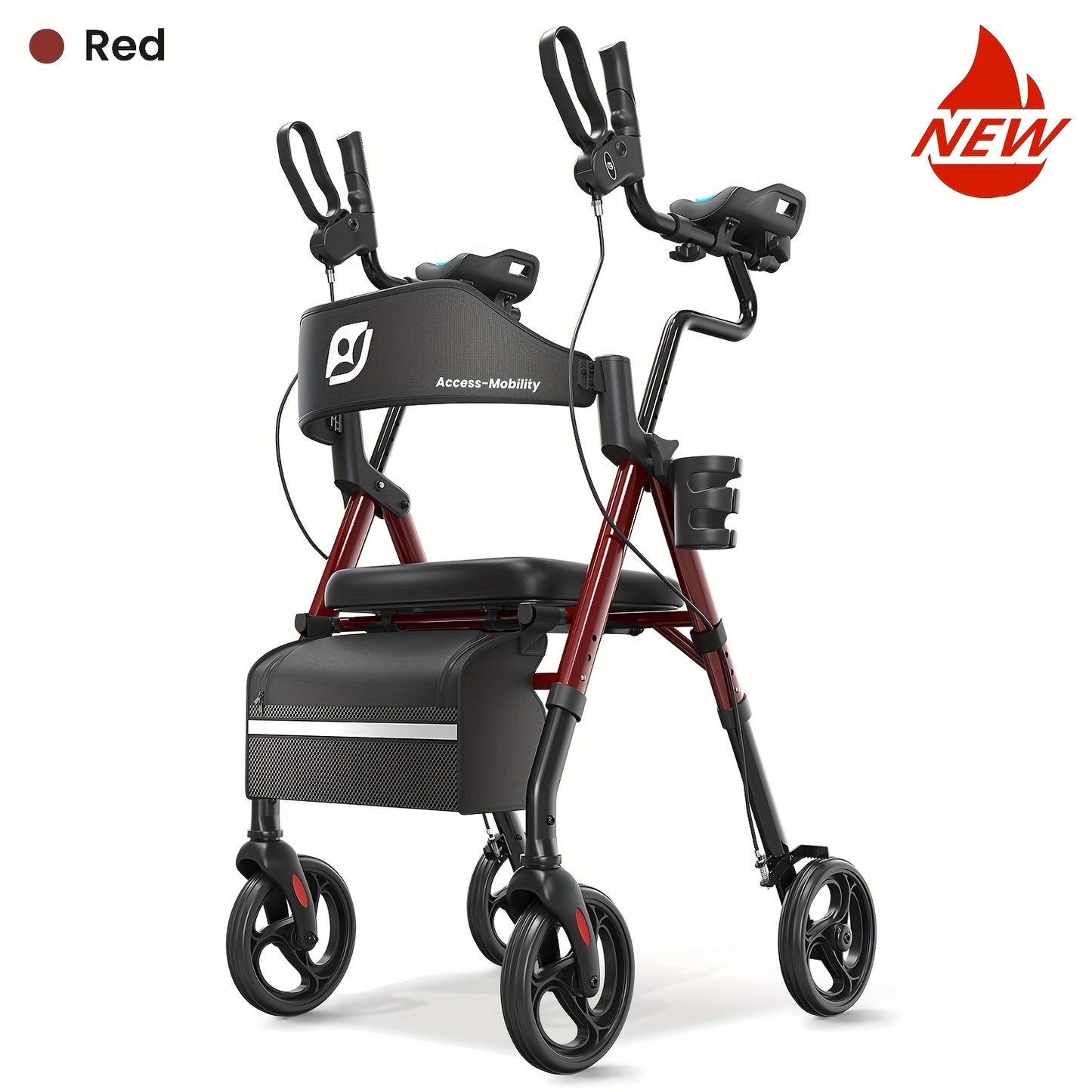 Rollator – Wandelwagen – Looprek – Mobiliteitshulpmiddel – Seniorenrollator – Rood – Grote 20,32 cm All-Terrain Wielen – Verstelbaar Frame Met Comfortabele Zitting