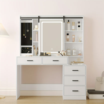 Jewelry Cabinet, Dressing Table with Adjustable LED Lights, Accessory Storage, Removable Large Mirror, with Jewellery Storage, Open Shelves, 5 Drawers, with Beside Table, for Bedroom, White, Jewelry Armoires, Mirror With Jewe - QUORE