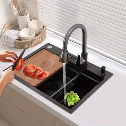 OUKANING Kitchen Sink with 360° Rotatable Pull-out Faucet, Stainless Steel Sink with Chopping Board & Soap Dispenser, Stainless Steel Sink Set, for Home/ Hotel/ Restaurant/ Bar