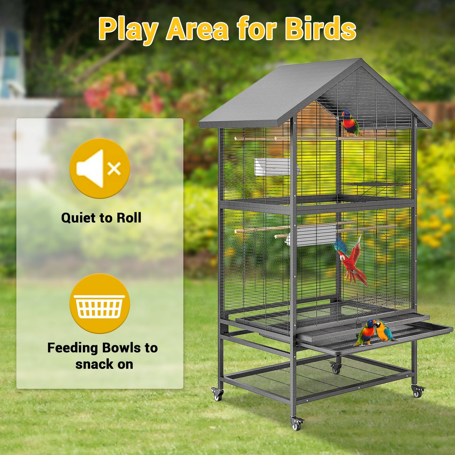 Vogelkooi – Vogelhuis – Vogelkooi Met Wieltjes – Vogelverblijf – Vogelkooi Zwart – Stevige Metaalconstructie – Mobiel Met Opbergruimte