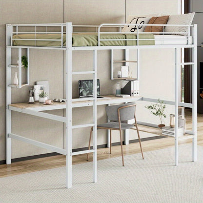 Hoogslaper 140x200 – Stalen Bedframe – Metaalbed – Kinderbed – Tienerbed – Wit Frame – Ingebouwd Bureau & Grote Boekenkast – 4 Kleine Plankjes