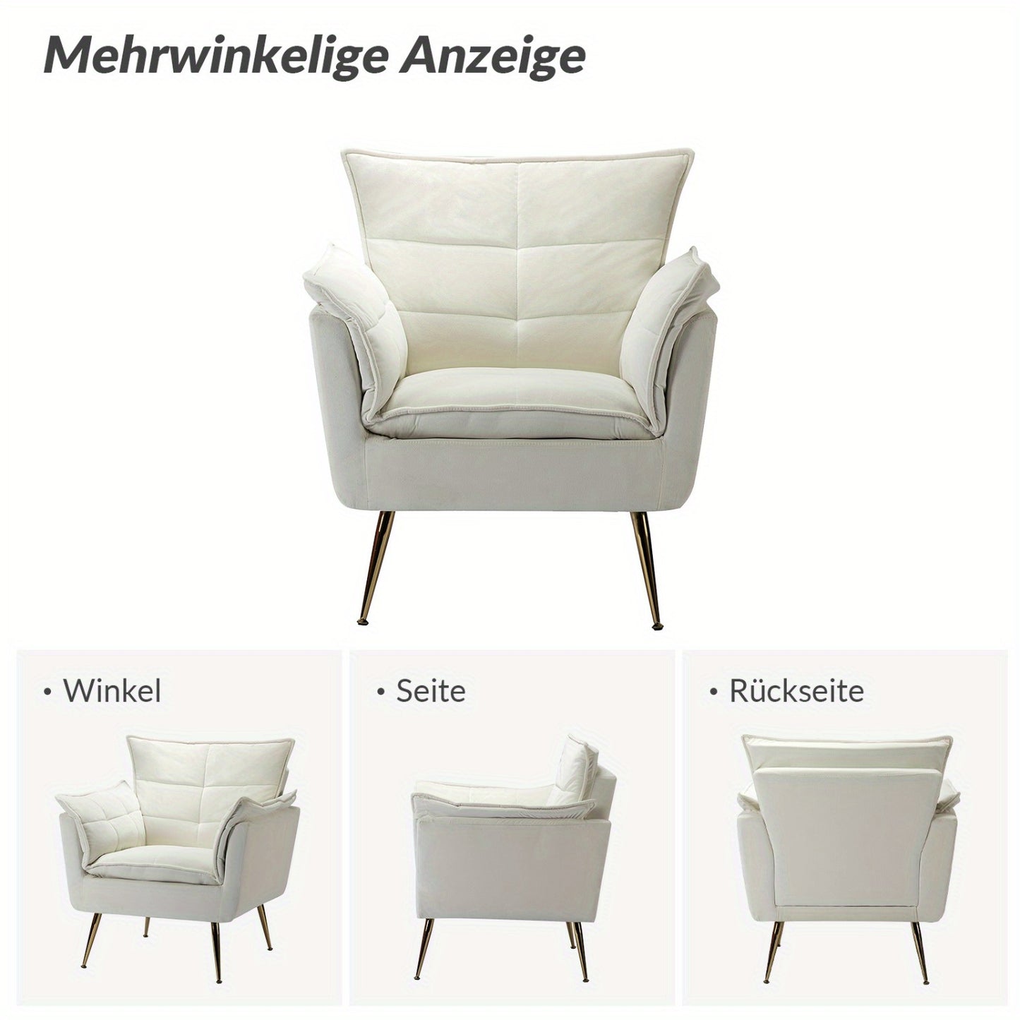 Zetel – Fauteuil – Leunstoel – Lounge Stoel – Armstoel – Modern Velvet – Gouden Metalen Poten – Comfortabele Dikke Zitting – Ivoorkleurig