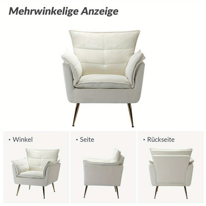 Zetel – Fauteuil – Leunstoel – Lounge Stoel – Armstoel – Modern Velvet – Gouden Metalen Poten – Comfortabele Dikke Zitting – Ivoorkleurig