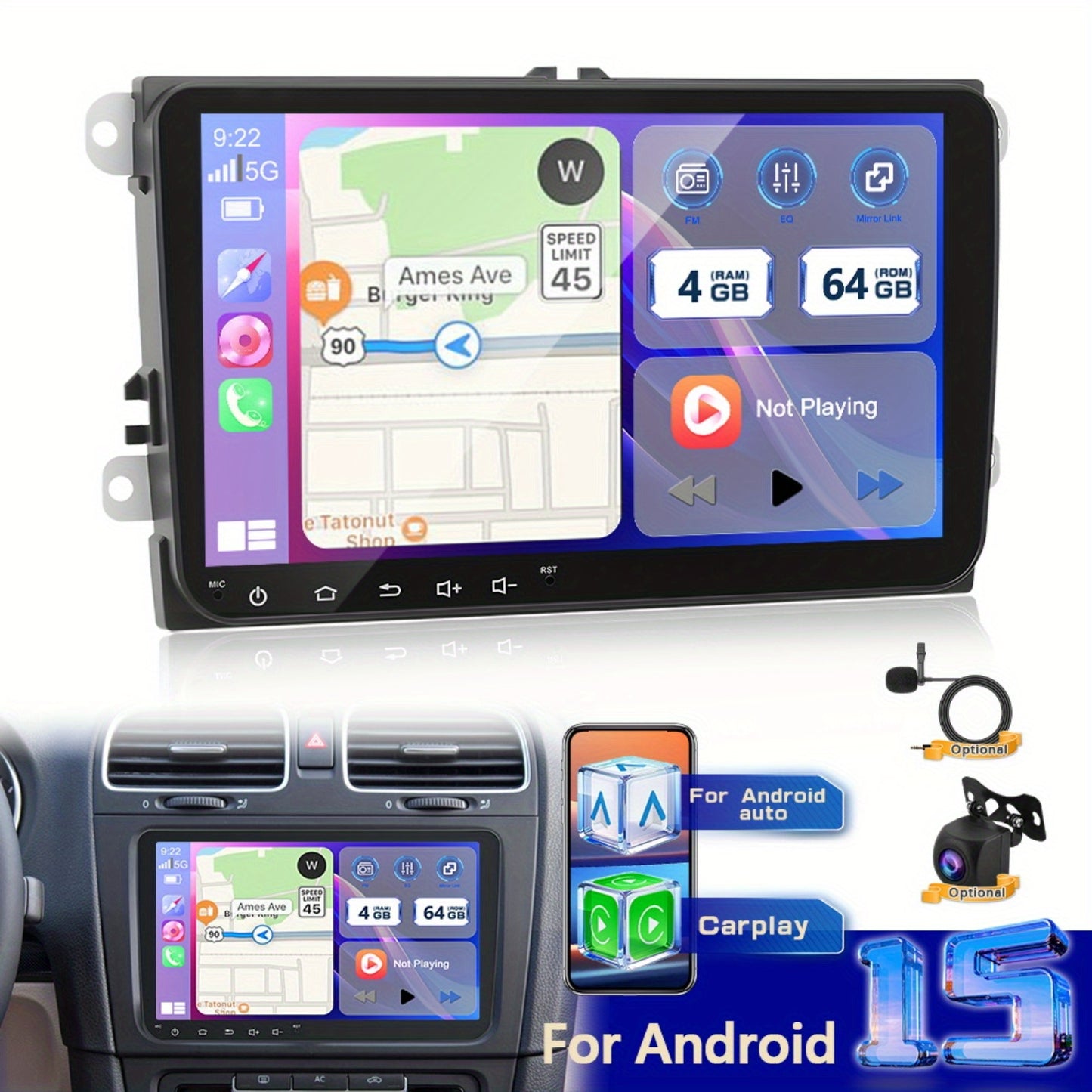 PODOFO 22.86cm Android 15 Car Radio for VW Golf, Tiguan, Caddy, Touran, Seat - 8Core/4G, 64GB, Wireless CarPlay, GPS, WiFi, 2 USB Ports, AHD Reversing Camera, Split Screen, 4K Video Support, Vehicle Audio Upgrade, Modern Car