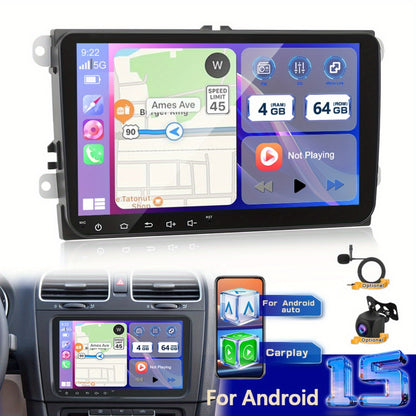 PODOFO 22.86cm Android 15 Car Radio for VW Golf, Tiguan, Caddy, Touran, Seat - 8Core/4G, 64GB, Wireless CarPlay, GPS, WiFi, 2 USB Ports, AHD Reversing Camera, Split Screen, 4K Video Support, Vehicle Audio Upgrade, Modern Car