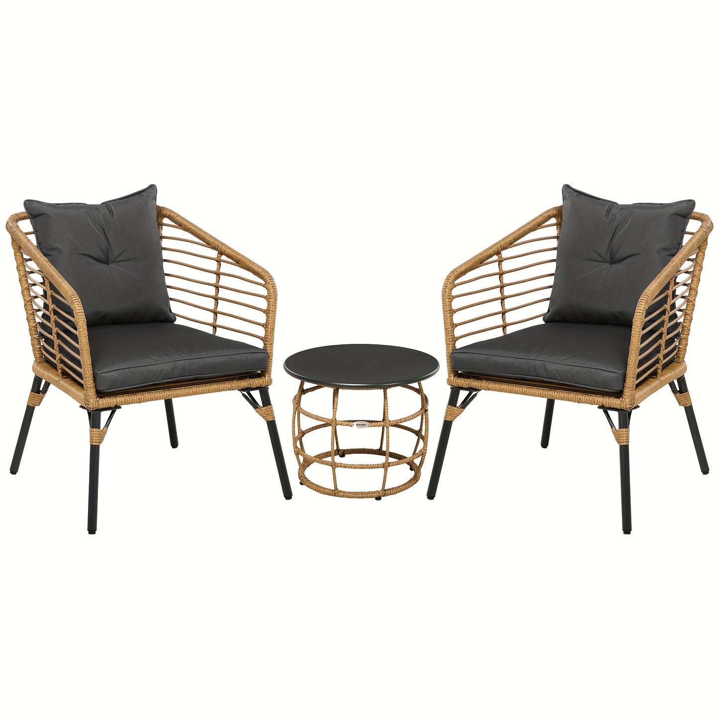 Loungeset – Rotan Loungeset – 3-delige Zithoek – Tuinset – Balkonset – Zandkleur Met Donkergrijze Kussens – Weerbestendig Metalen Frame – Comfortabele Zitkussens