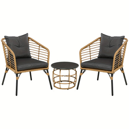 Loungeset – Rotan Loungeset – 3-delige Zithoek – Tuinset – Balkonset – Zandkleur Met Donkergrijze Kussens – Weerbestendig Metalen Frame – Comfortabele Zitkussens