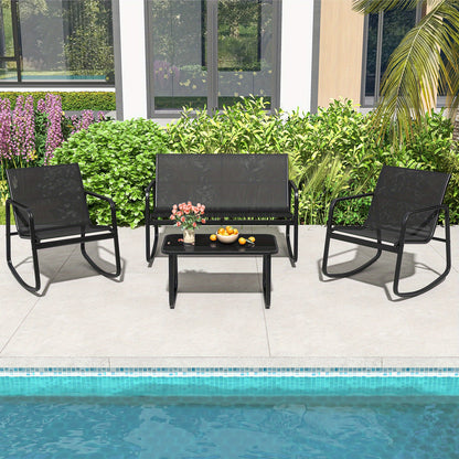 Tuinset – Tuinmeubelen – Zitgroep – Loungeset – Bistroset – Met Metalen Frame – Temperglas Tafelblad – 4 Persoons – Schommelstoelen