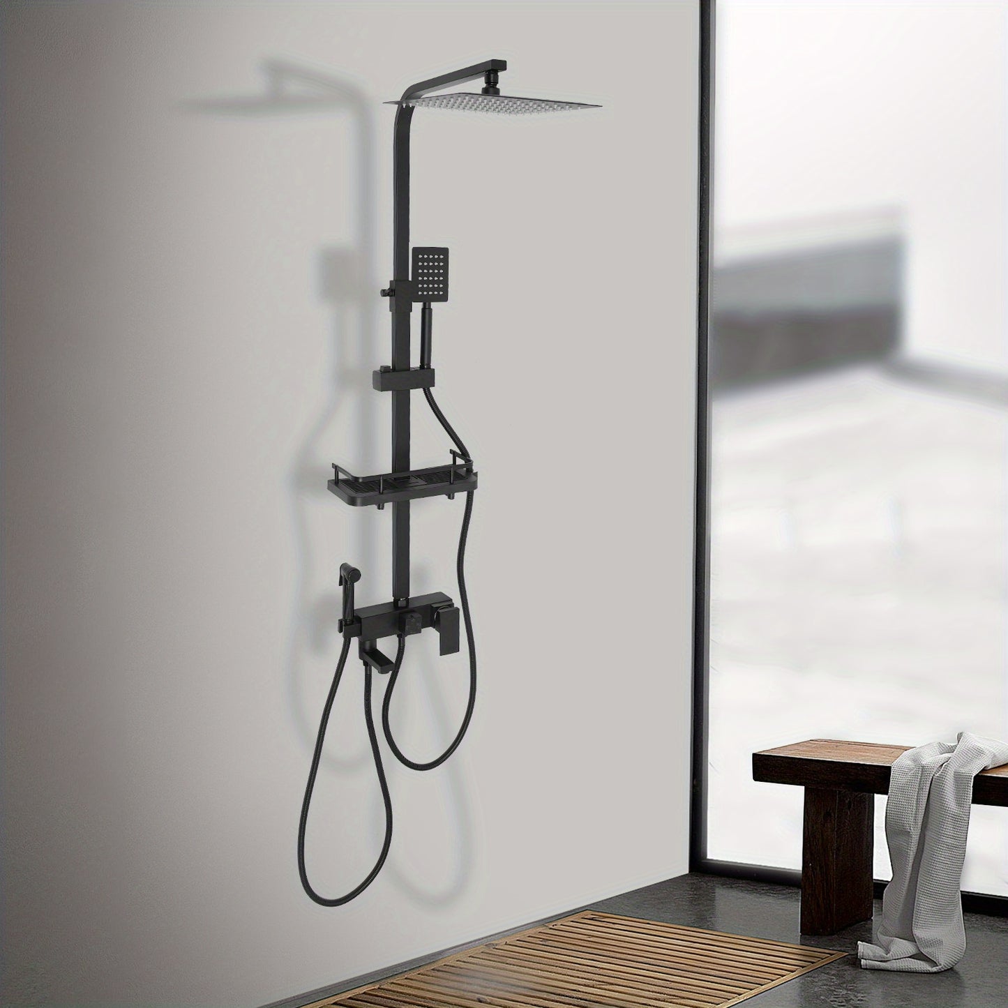 Badkraan – Badmengkraan – Douchekraan – Badthermostaat – Mengkraan – Wandmontage – Met Handdouche – Waterbesparende Stopknop – Krasbestendig Zwart Design