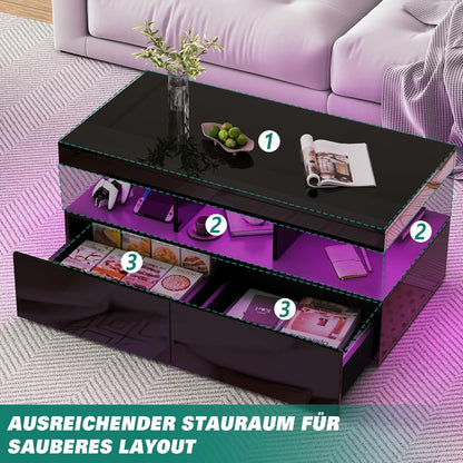 Salontafel – Koffietafel – Tafel – Bijzettafel – Modern – Zwart – Twee Laden – Verstelbare LED-Verlichting