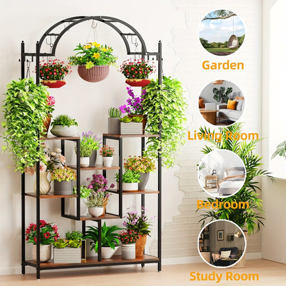 7-Tier Tall Indoor Plant Stand Corner Shelf with Hanging Hooks, Arched Metal Multi-Purpose Display Rack for Bonsai Pots and Plants, Classic Black Finish for Living Room or Balcony, Plant Hanger, Unho