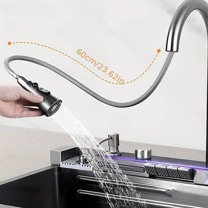 Keukenfontein – Spoelbak – Binnenfontein – Werkbladfontein – Undermount Spoelbak – Zwart Matzwart – RVS Duurzaam – Compact 29,5x17,7 cm – Inclusief Watervalkraan & Uittrekbare Sproeikop