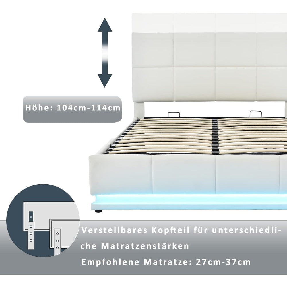 YCZ Upholstered Bed, Double Bed, Fabric Upholstered Bed with Storage Space, Hydraulic Box Spring Bed with LED Lighting and Slatted Base