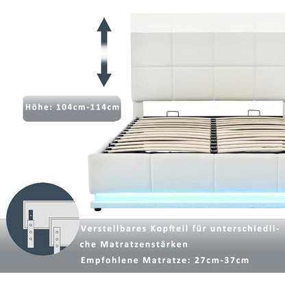 YCZ Upholstered Bed, Double Bed, Fabric Upholstered Bed with Storage Space, Hydraulic Box Spring Bed with LED Lighting and Slatted Base