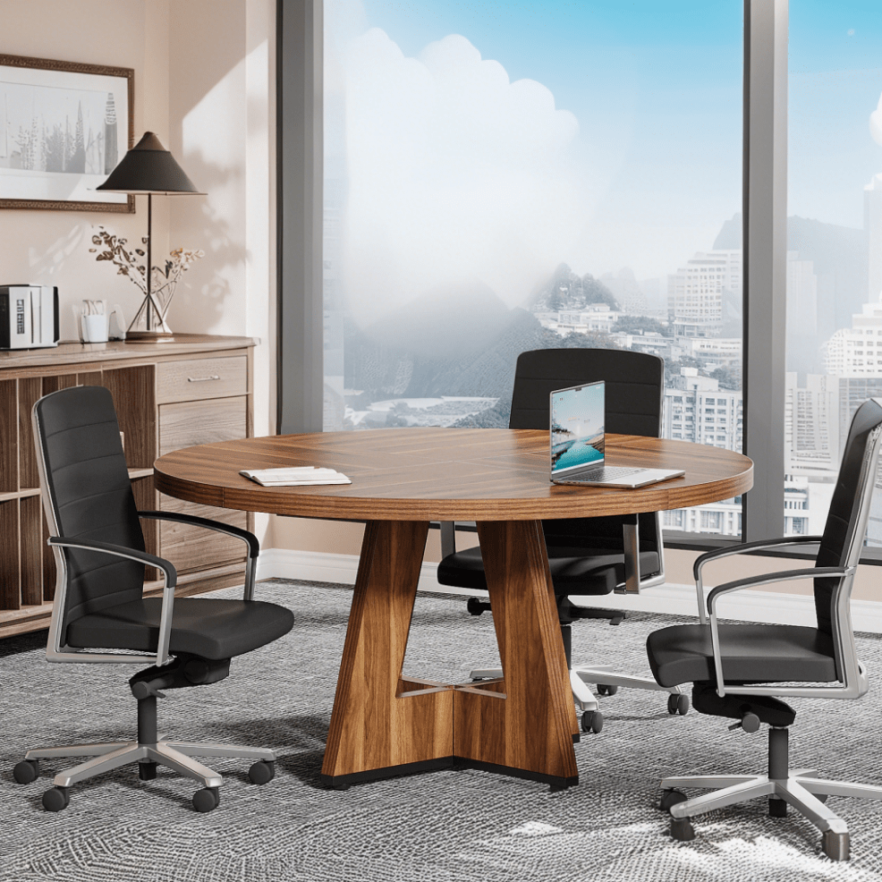 1pc Extra Large 47-Inch Round Dining Table - Farmhouse Modern design with Brown, Easy Assembly, Sturdy Base for Dining Room, Living Room, for home Office - Seats 4 Adults, Space-Saving Round Kitchen Table for Small Spaces