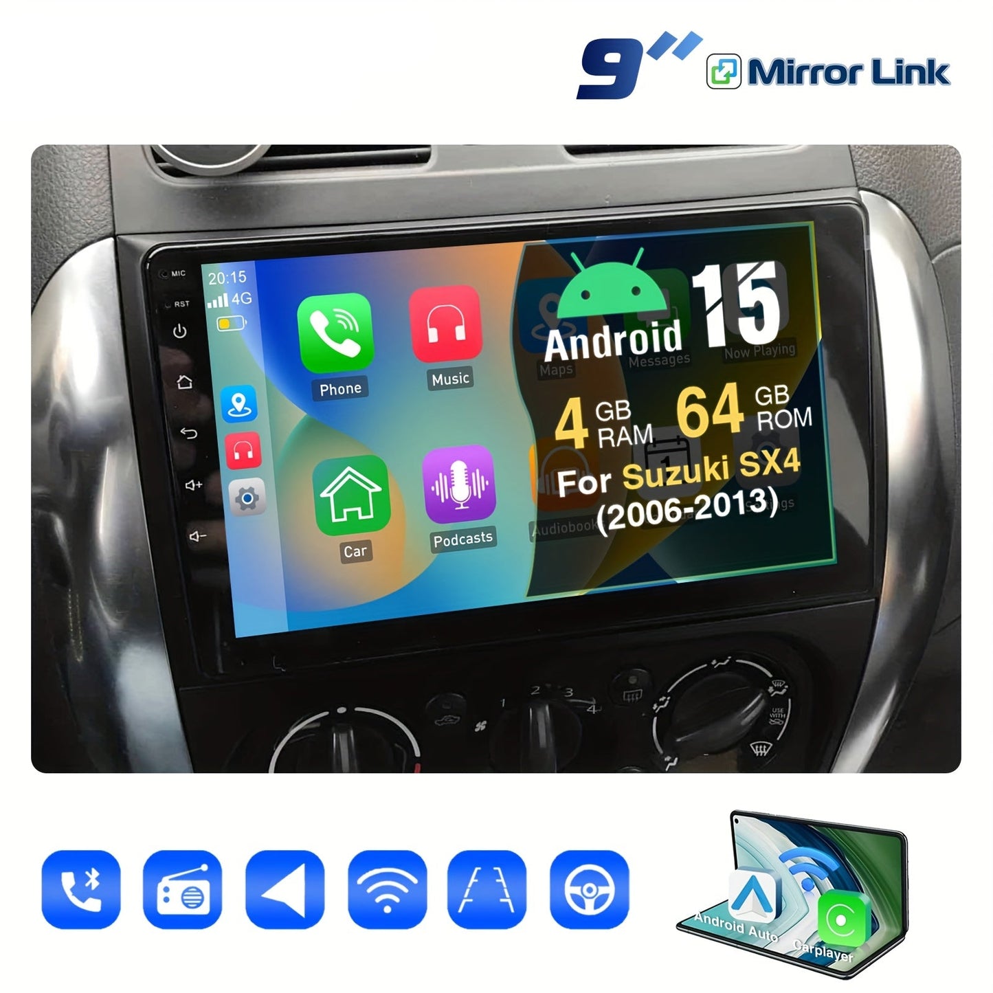 Android 15 Autoradio – Car Stereo – Multimedia Speler – Navigatiesysteem – Touchscreen Radio – 9 Inch IPS Scherm – 4GB RAM + 64GB ROM – Bluetooth, GPS, WiFi, Canbus Ondersteuning