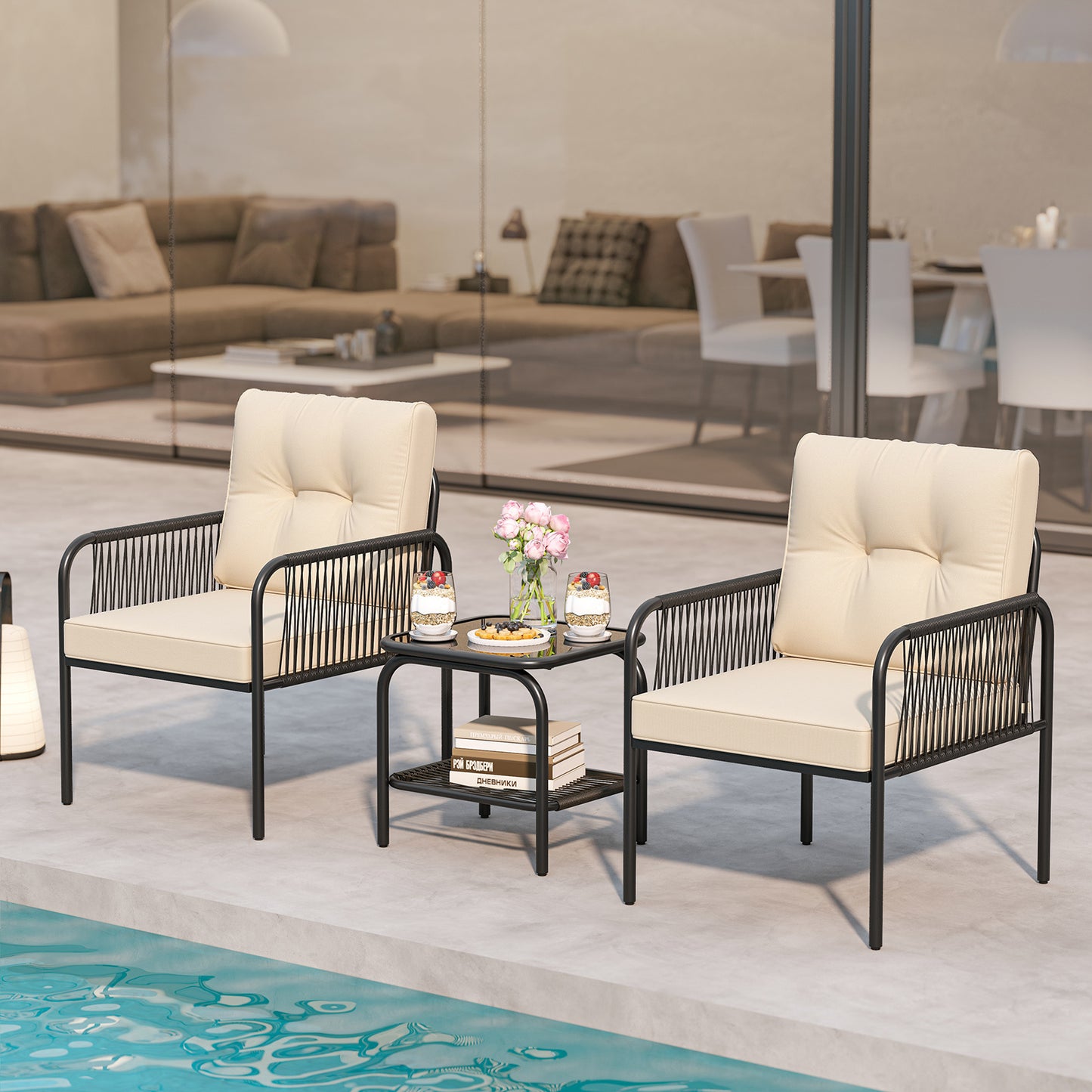 3-delig Bistro Set – Tuinset – Terrasmeubel – Patio Meubels – Balkonset – Lichtbeige PE Rattan – Gehard Glas Tafel – Comfortabele Zachte Kussens