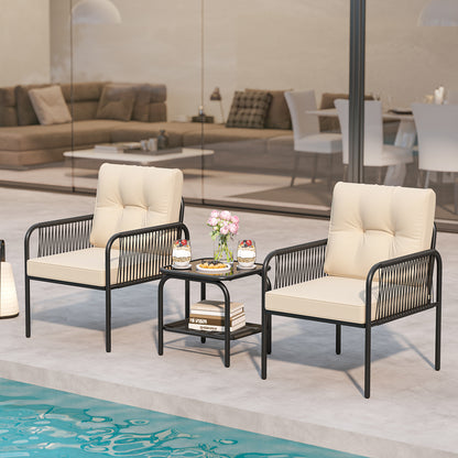 3-delig Bistro Set – Tuinset – Terrasmeubel – Patio Meubels – Balkonset – Lichtbeige PE Rattan – Gehard Glas Tafel – Comfortabele Zachte Kussens