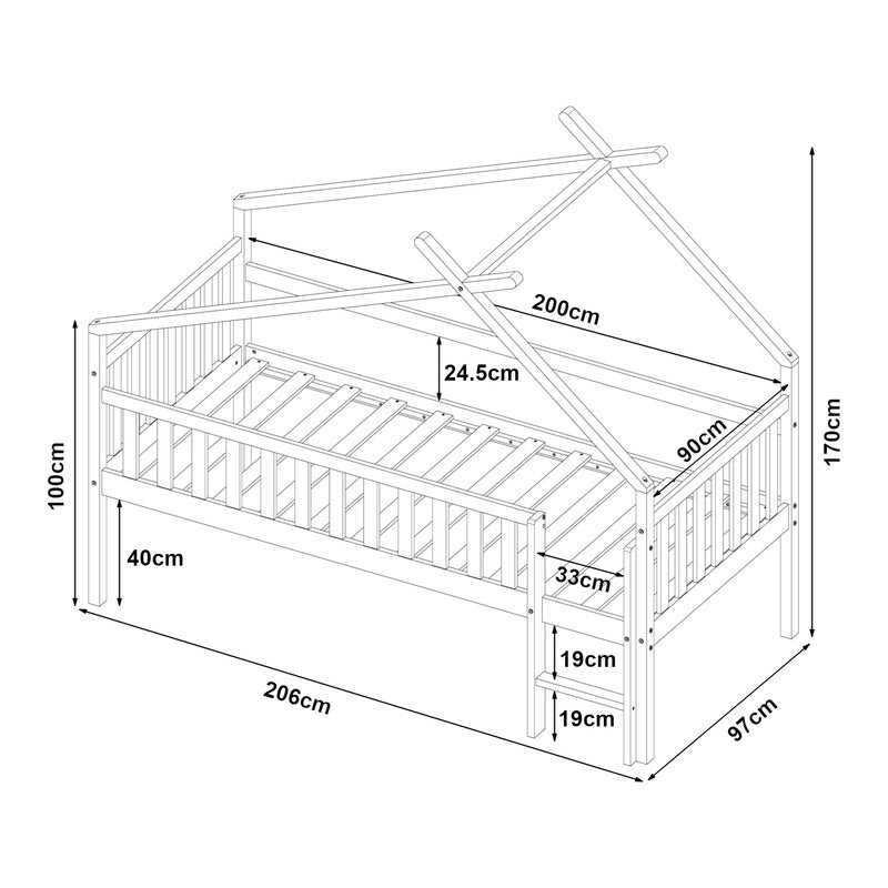 Bedframe – Kinderbed – Hoogslaper – Peuterbed – Jeugdbed – Massief Dennenhout – Valbeveiliging – 90x200 cm