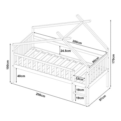 Bedframe – Kinderbed – Hoogslaper – Peuterbed – Jeugdbed – Massief Dennenhout – Valbeveiliging – 90x200 cm
