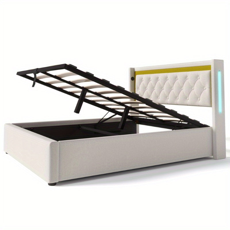 Tweepersoonsbed – Ledikant – Bedframe – Slaapbed – Opbergbed – Met Matras 140x200 cm – Wit Bekleed Frame – Met Opbergruimte Hoofdbord – Voorgeassembleerd – Zonder Stroomvoorziening