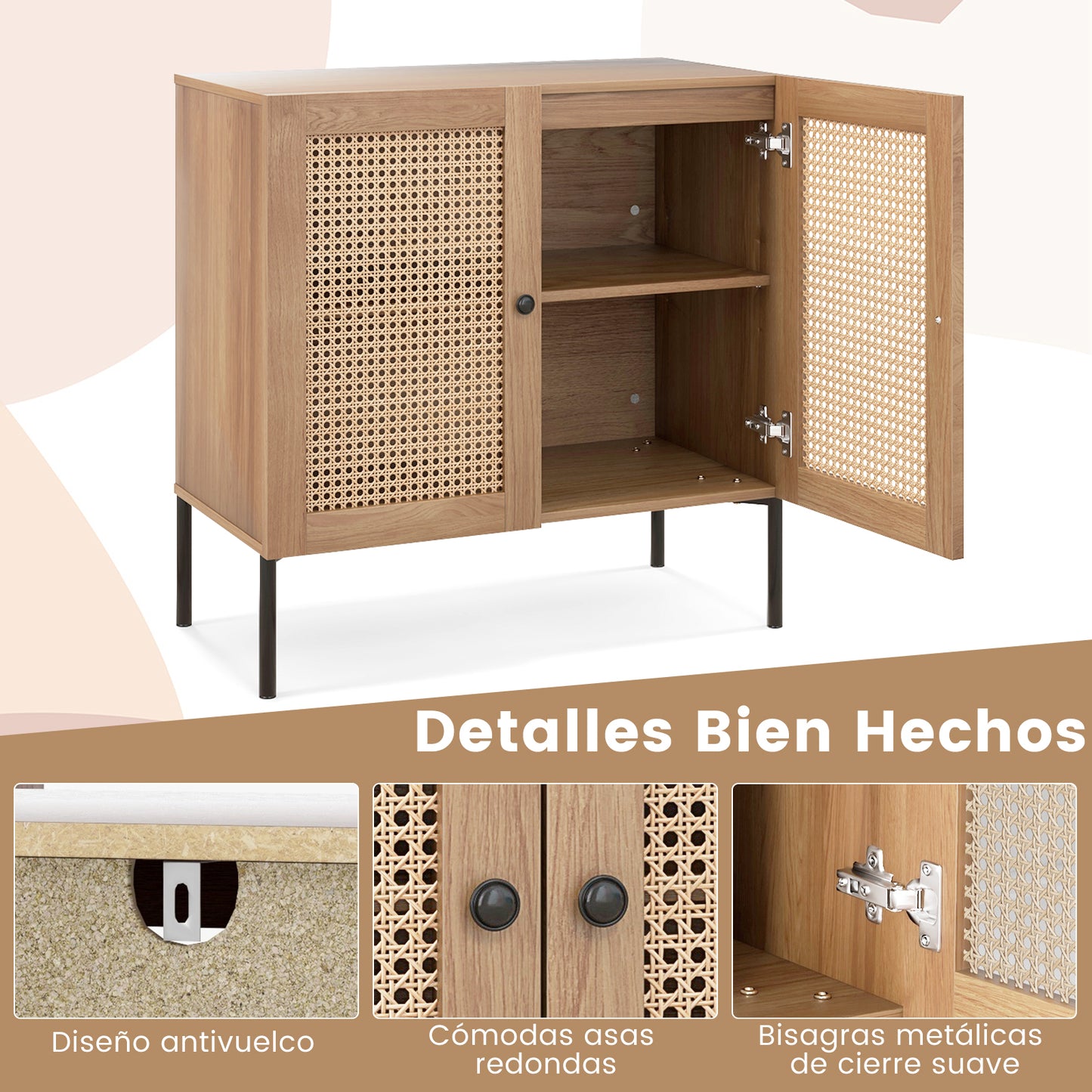 Dressoir – Ladekast – Opbergkast – Buffettafel – TV-Kast – Kunstrotan Deuren – Verstelbare Plank 80x40x80 cm – Metalen Poten