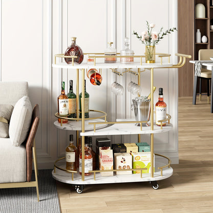 Serveerwagen – Keukentrolley – Barwagen – Roltafel – Opbergwagen – Goud Metalen Frame – 2 Lagen Houten Planken