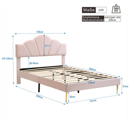 Gestoffeerd Tweepersoonsbed – Bed – Slaapbed – Platformbed – Velvet Bed – Roze Velvet Bekleding – Verstelbaar Hoofdeinde – Gouden Metalen Pootjes